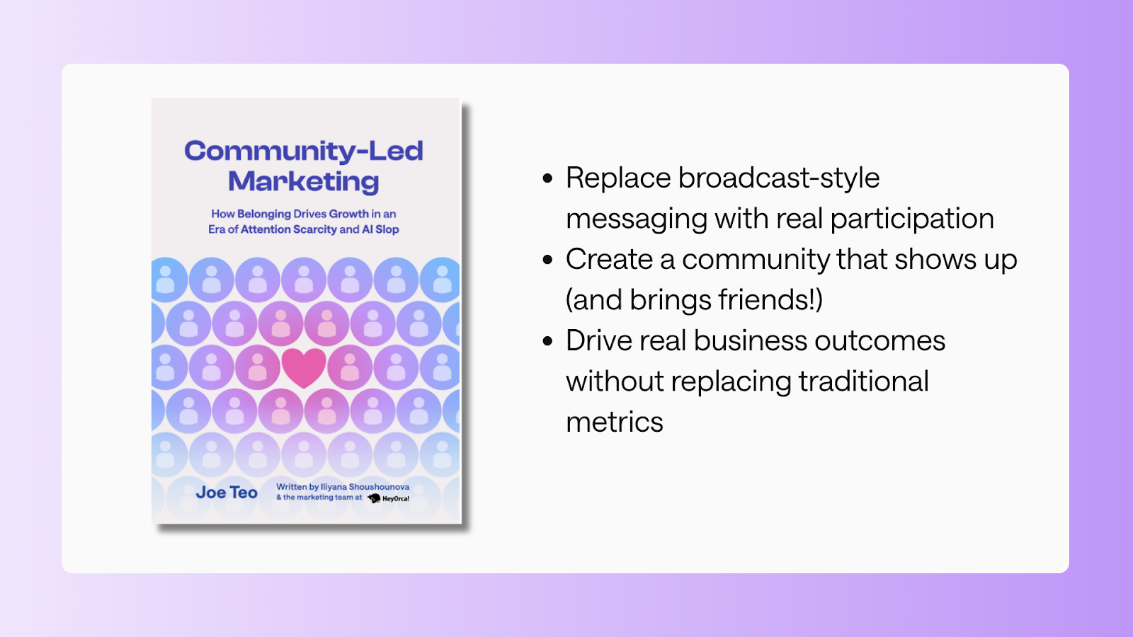 Image shows the book 'Community-Led Marketing' alongside bullet points emphasizing community participation, creating engaging networks, and achieving business goals.