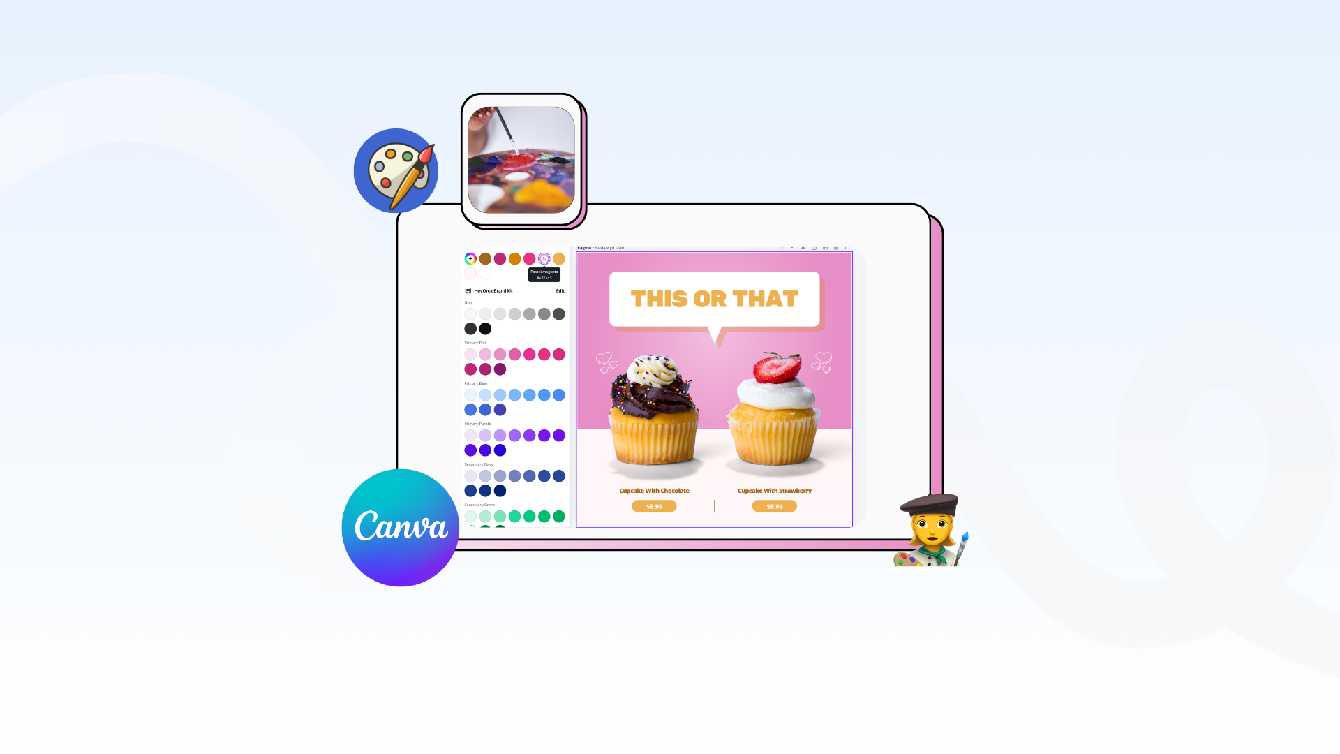 Canva platform screen displaying a choice between two cupcake designs under the title "This or That." Includes editing tools and colour selection options on the sidebar, hinting at design customization possibilities.