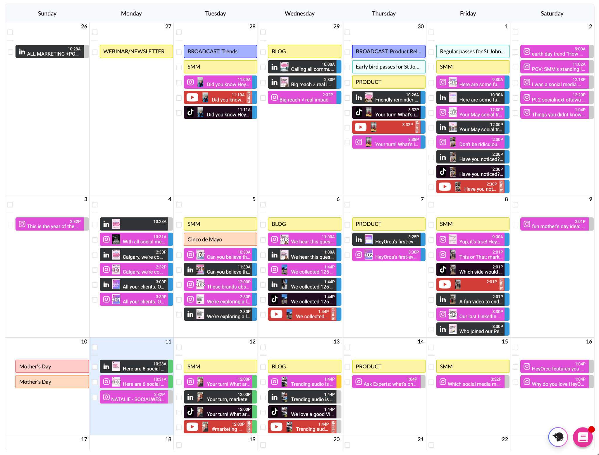 A digital calendar layout shows a detailed monthly schedule, featuring colour-coded blocks for tasks such as blog posts, product meetings, and webinars. Each day displays multiple organized entries, with a bright focus on activities like social media updates and content management.