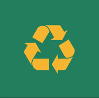 Looping GIF of the recycling logo with three yellow arrows on a green backdrop.