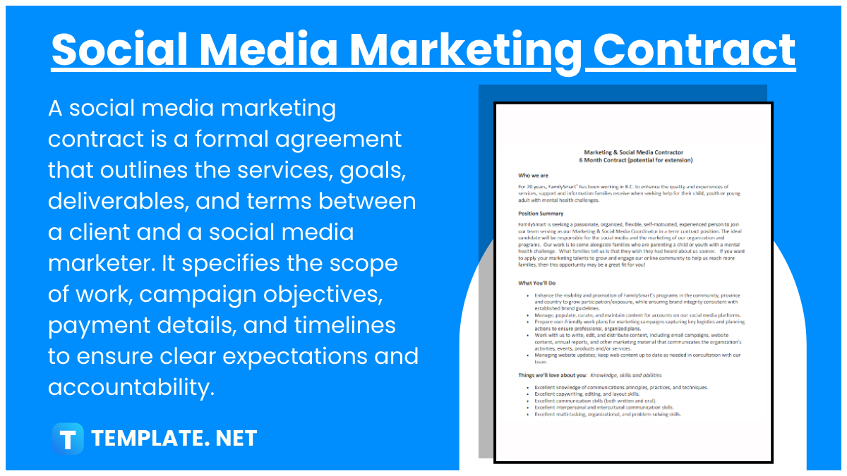 Blue-themed graphic featuring the title 'Social Media Marketing Contract' with brief description highlighting key components like services, goals, and deliverables. Beside the text is a digital document layout representing the contract details.