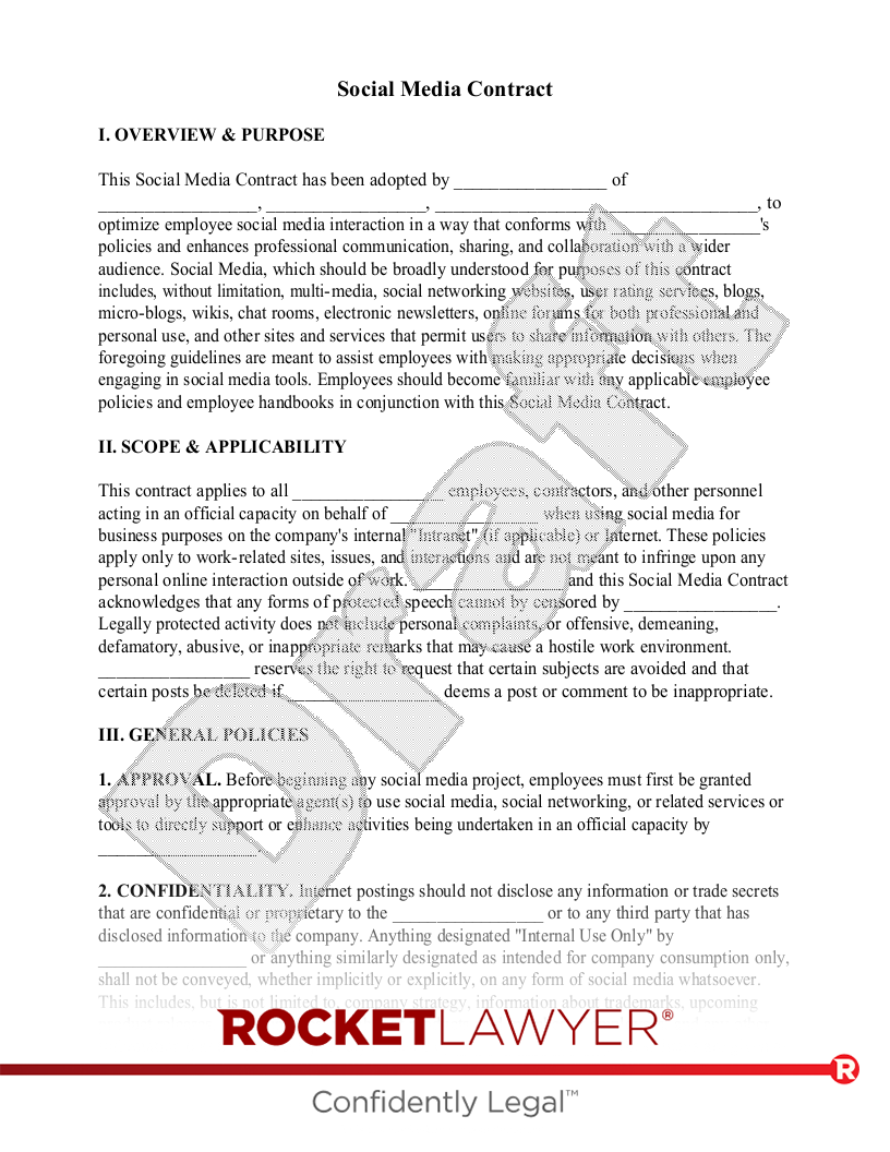 A document titled 'Social Media Contract' with sections on overview, purpose, scope, applicability, and general policies. It appears as a template from Rocket Lawyer, featuring their logo at the bottom.