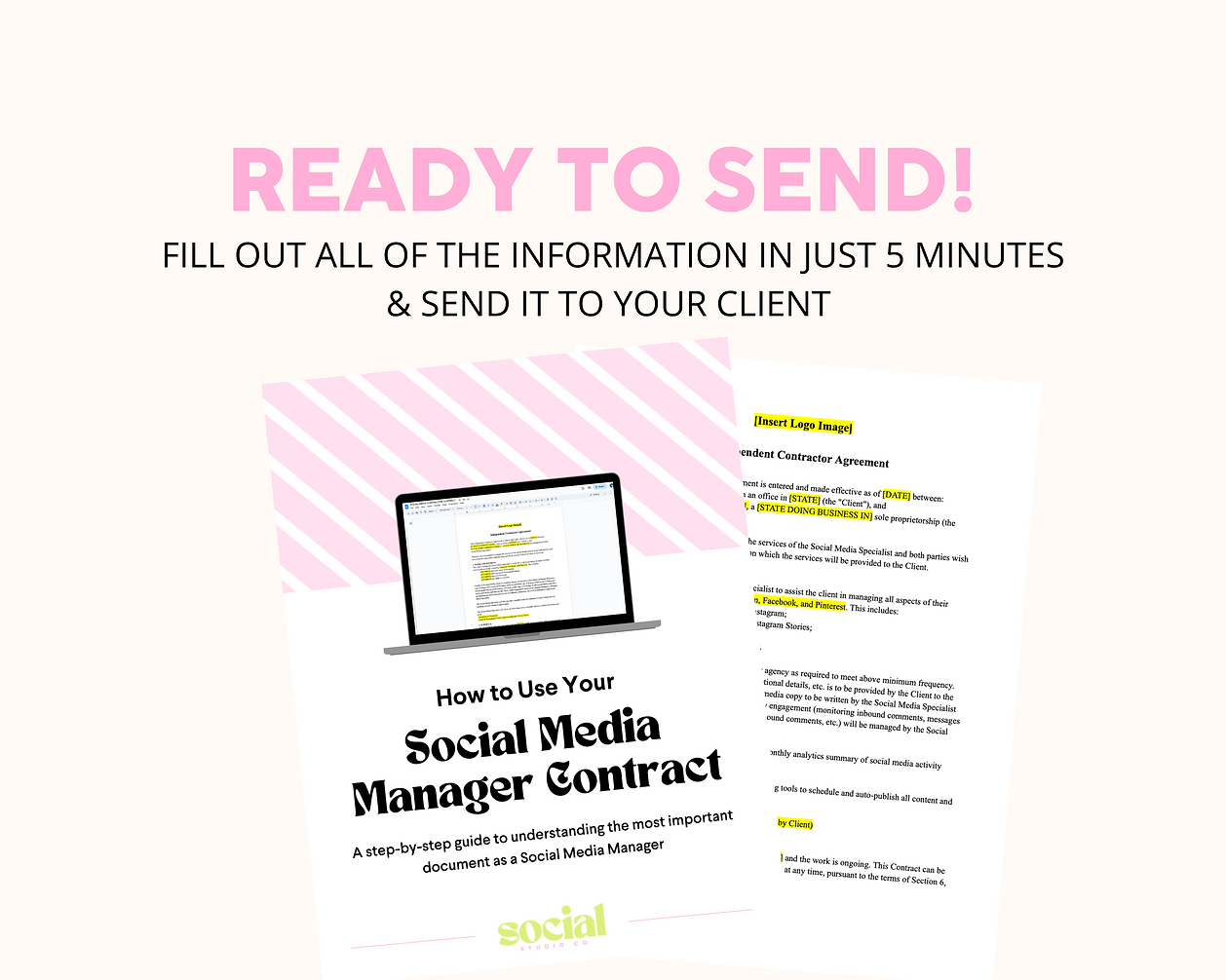 Promotional image for a Social Media Manager Contract tool, featuring a laptop and contract documents. Bold text reads, "Ready to Send!" emphasizing quick setup.