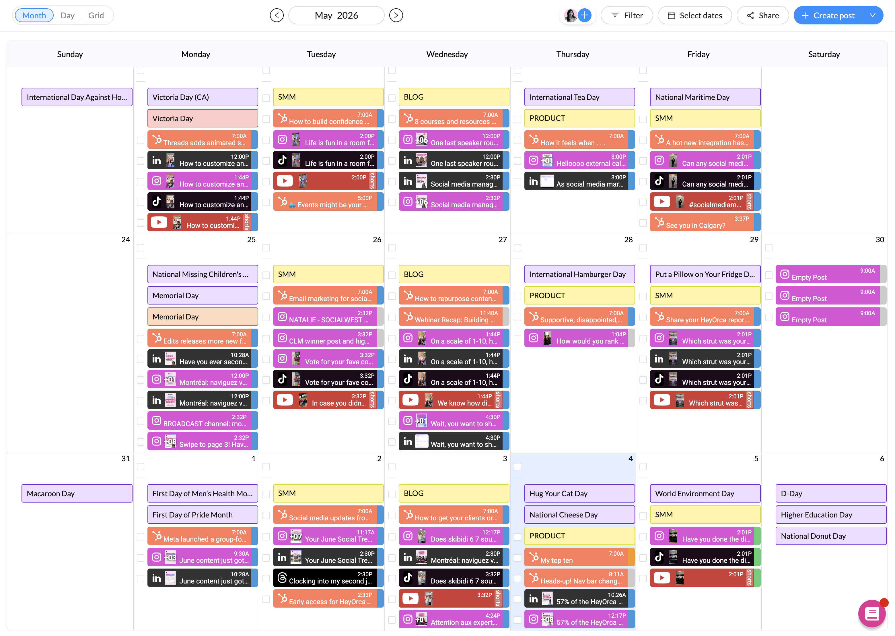 A digital content calendar for May 2026 featuring scheduled events such as product launches, YouTube videos, and live social media interactions. The calendar is colour-coded by type and spans Monday to Saturday.