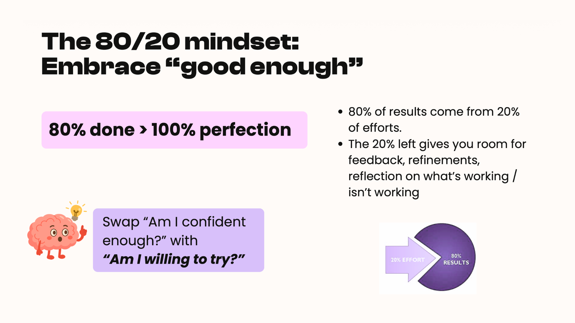 Graphic illustrating the 80/20 mindset, emphasizing 'good enough' over perfection. It features a brain character encouraging a mindset shift from 'Am I confident enough?' to 'Am I willing to try?'.