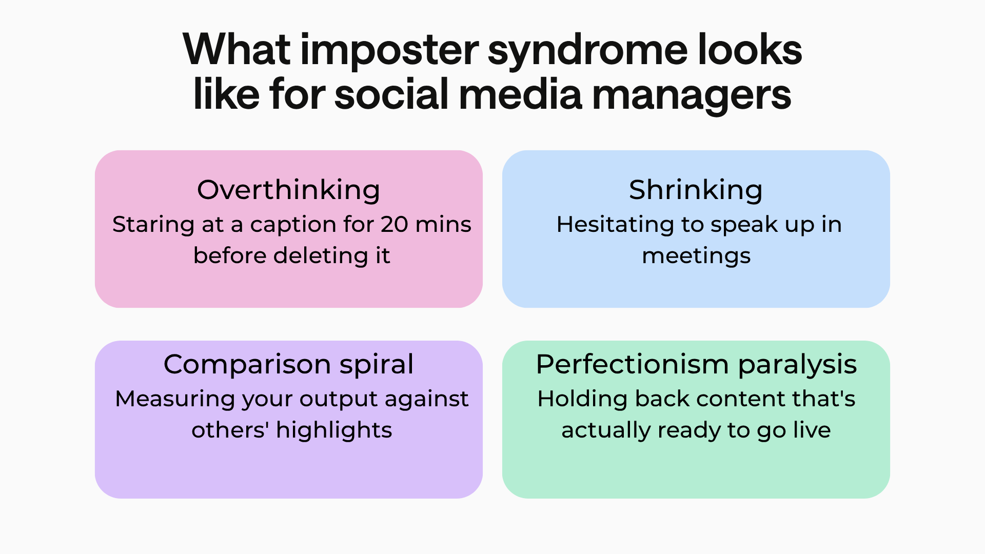 A graphic titled 'What imposter syndrome looks like for social media managers' features four blocks, each describing a different aspect of imposter syndrome. These are 'Overthinking,' 'Shrinking,' 'Comparison spiral,' and 'Perfectionism paralysis,' each with accompanying explanations.