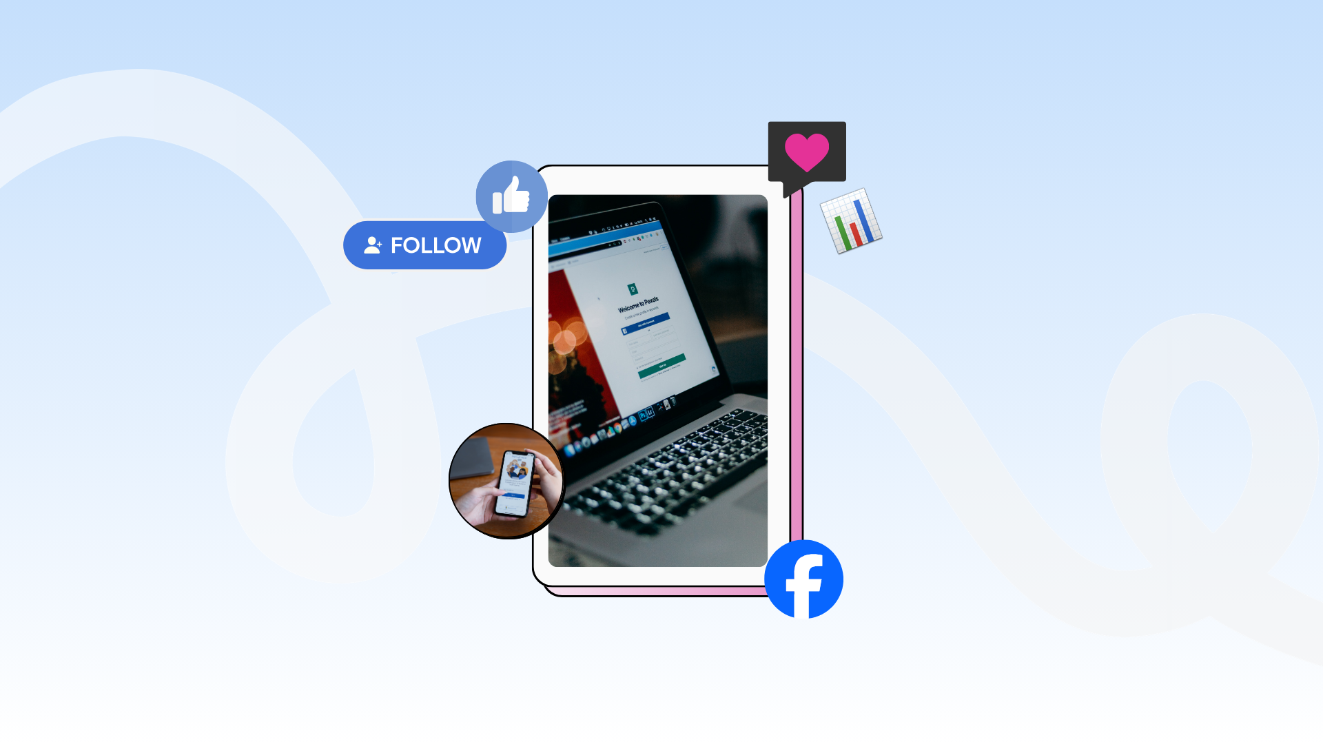 Digital collage showing a smartphone and laptop screen displaying the Facebook login page, surrounded by pop-up icons like a thumbs-up and heart, indicating social media interaction.