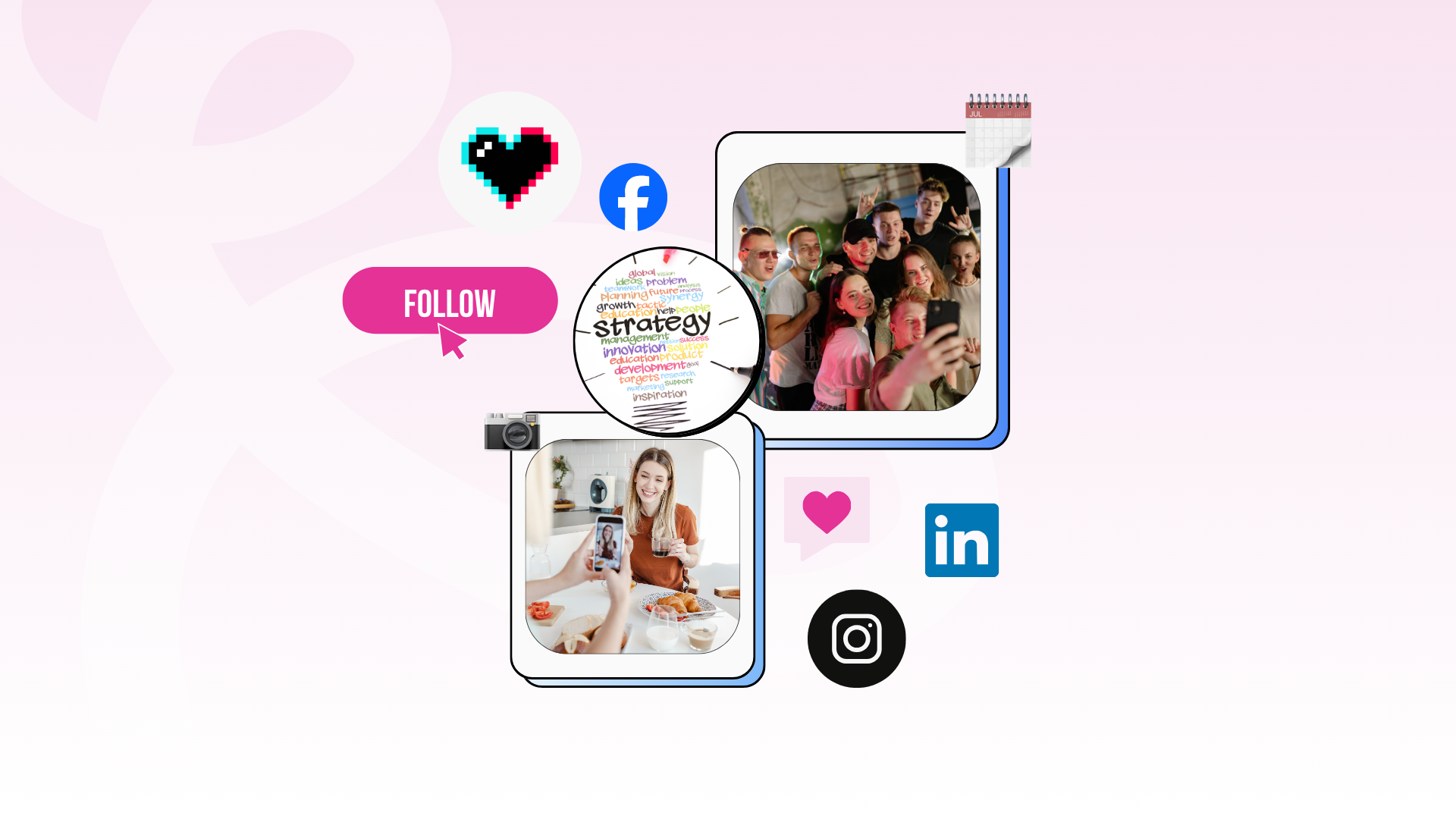 A collage featuring social media icons, a large "Follow" button, and photos of people taking selfies and working on laptops, highlighting a blend of social media marketing and strategy.