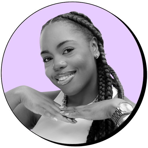 A person with long, braided hair poses with arms gracefully crossed in front of their face against a light purple circular background. The image is in black and white except for the background.