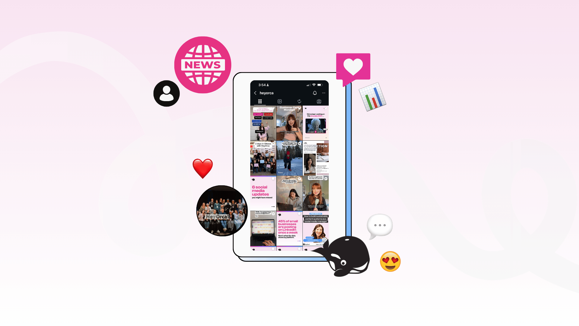 A smartphone displaying a grid of social media posts is at the centre, surrounded by icons representing love, news, and communication on a light pink background.