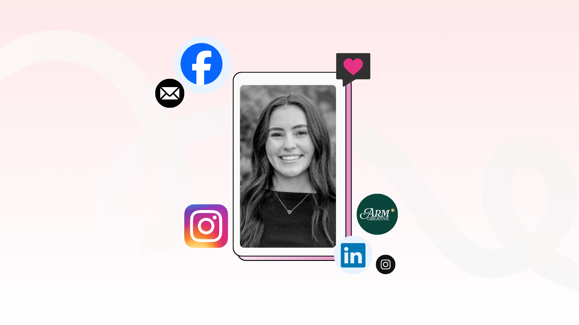 A centred grayscale portrait of a woman on a smartphone screen is encircled by social media symbols such as Facebook, Instagram, and LinkedIn, set against a pale pink backdrop.
