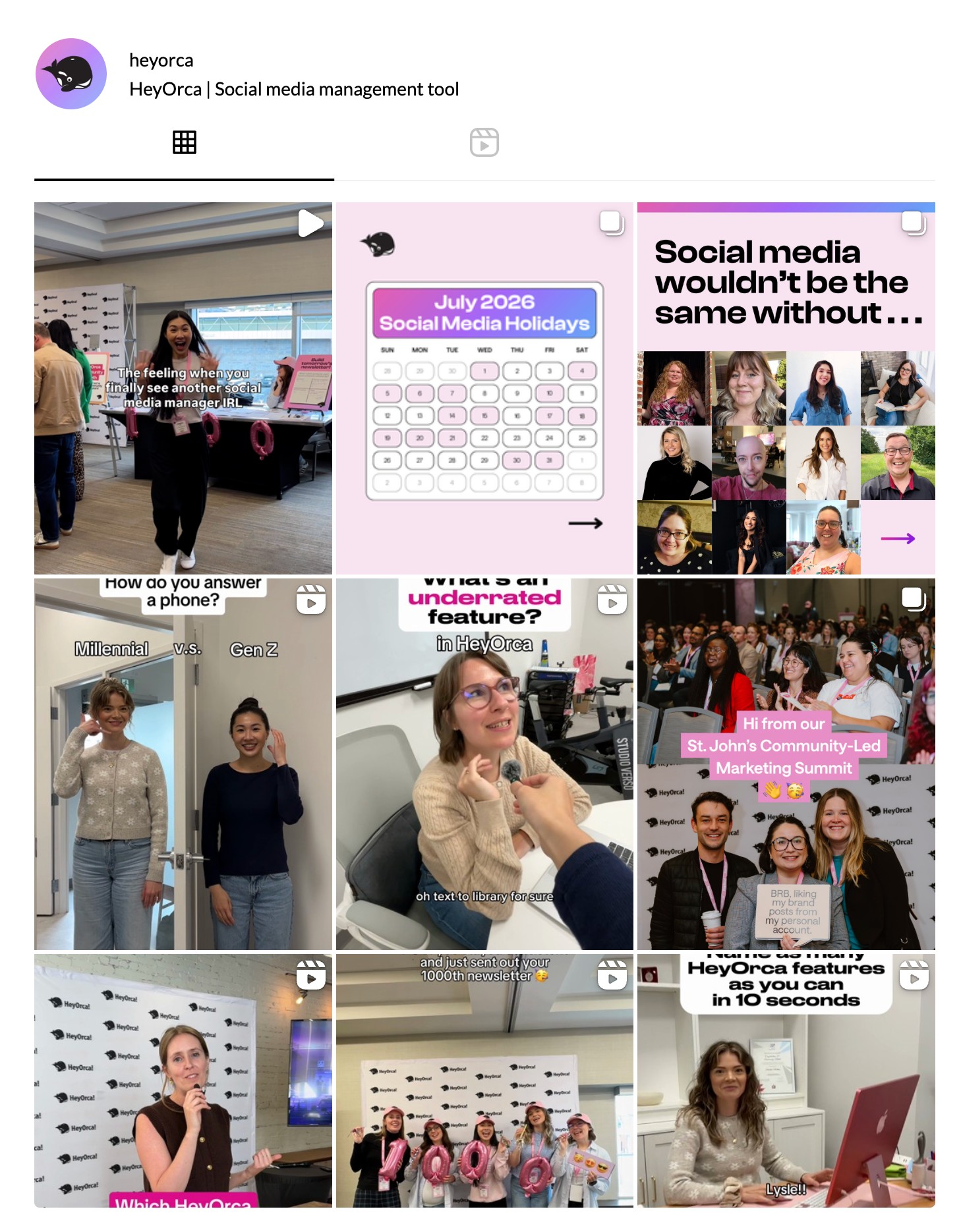 An image collage features employees participating in social media-themed events. Highlights include team members posing with props, informational graphics on social media holidays, and a group of women celebrating a work achievement.