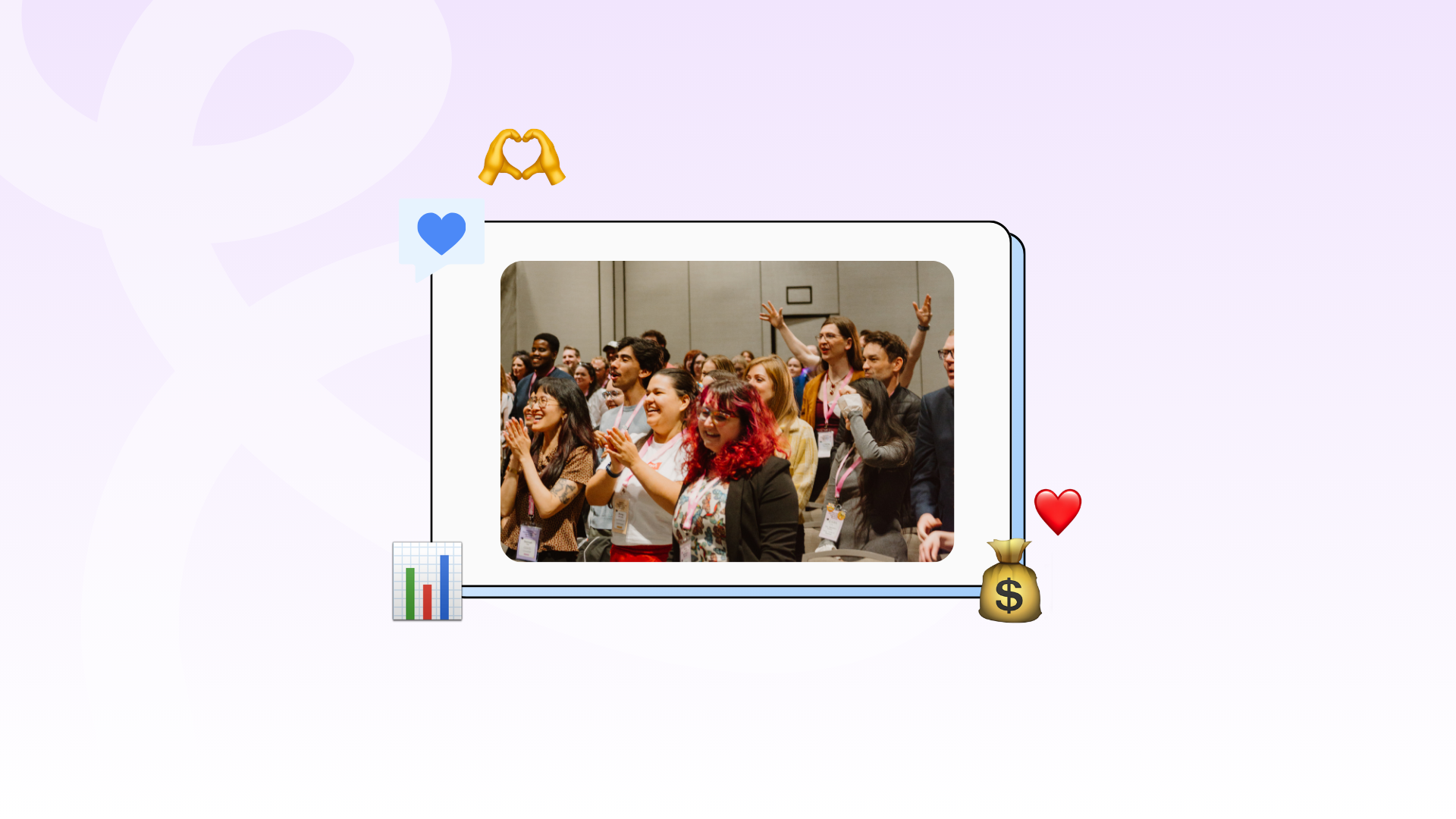 A diverse group of people enthusiastically applauding at an indoor event. They are surrounded by a simple design with small graphic icons, including a heart, dollar sign, and graph on a light purple background.