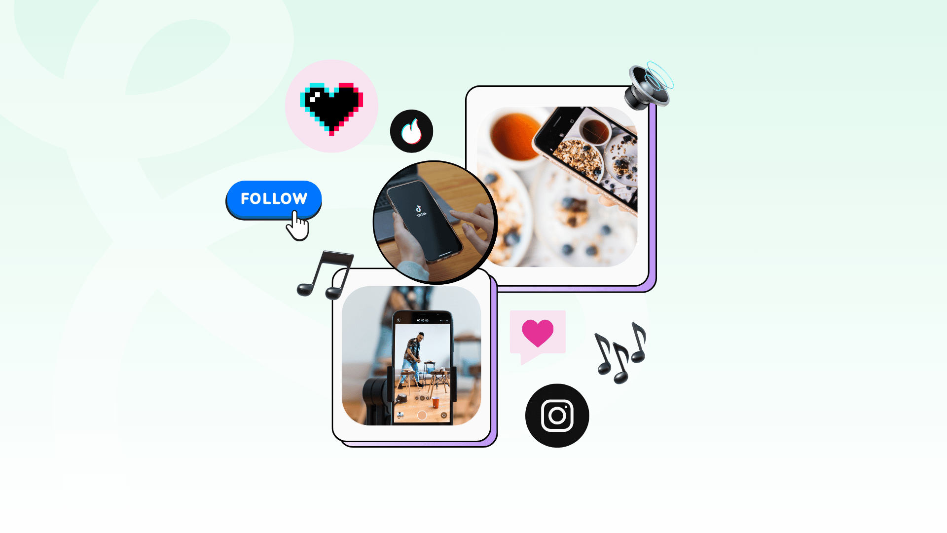 A collage featuring various social media icons, including Instagram and music notes. The background has a light gradient, and there are elements like text reading "STRATEGY" along with a heart icon.