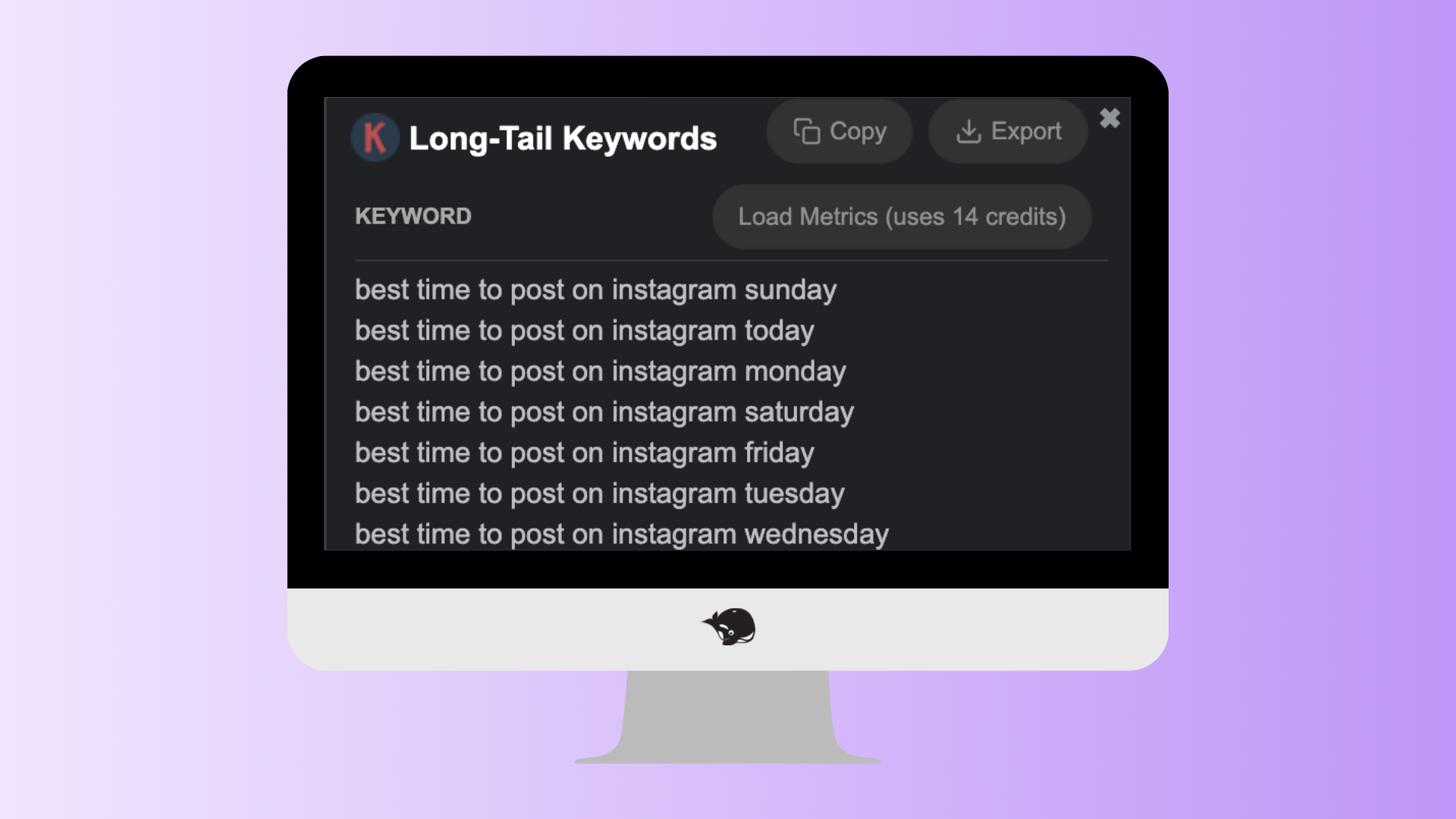 A computer monitor displaying a tool for generating long-tail keywords, specifically focused on the best times to post on Instagram each day of the week.