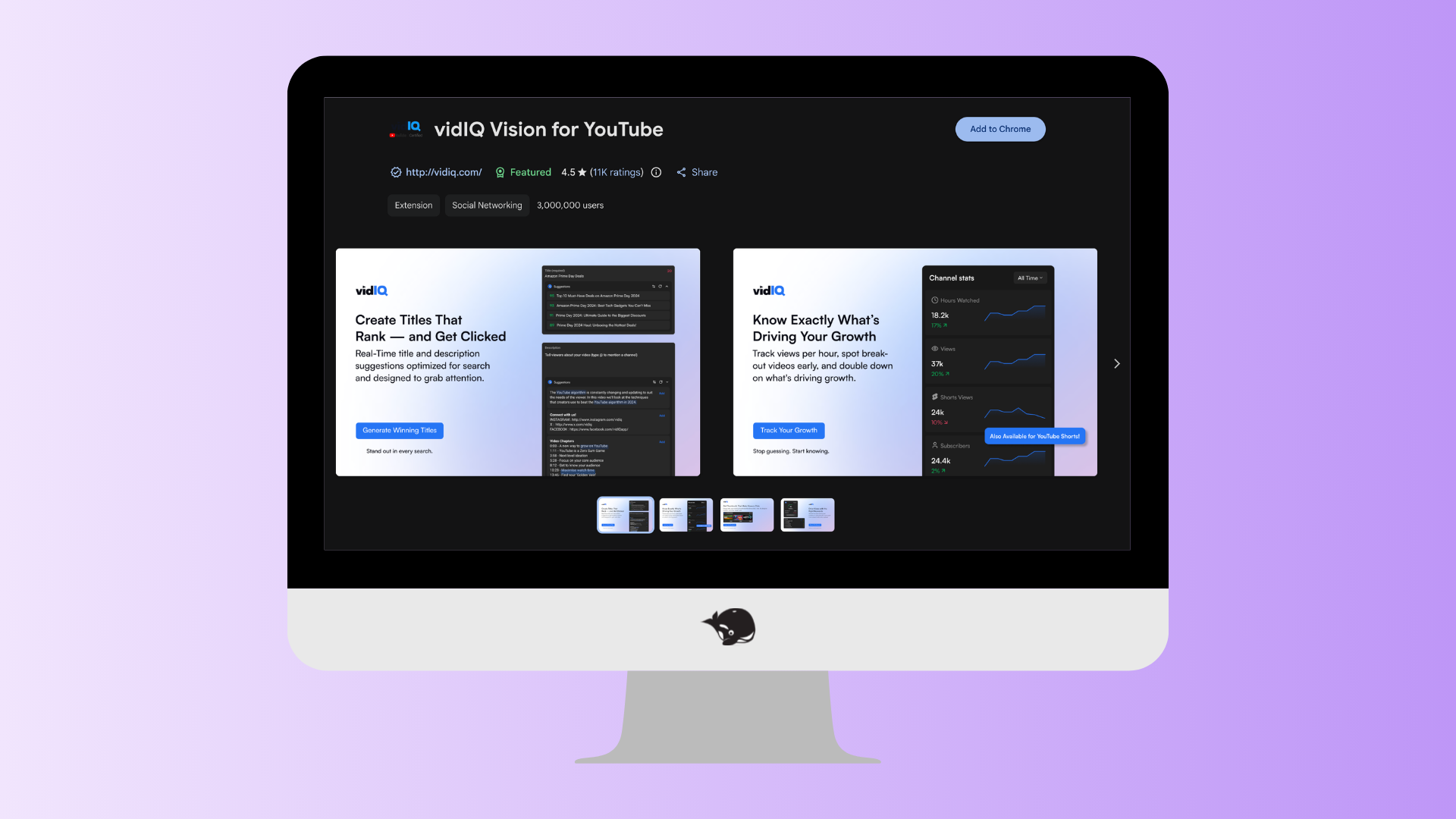 A computer monitor displays software called "vidIQ Vision for YouTube." The screen shows two main sections: one highlights keyword ranking performance, and the other provides SEO insights for video optimization. The background is a gradient of light purple.
