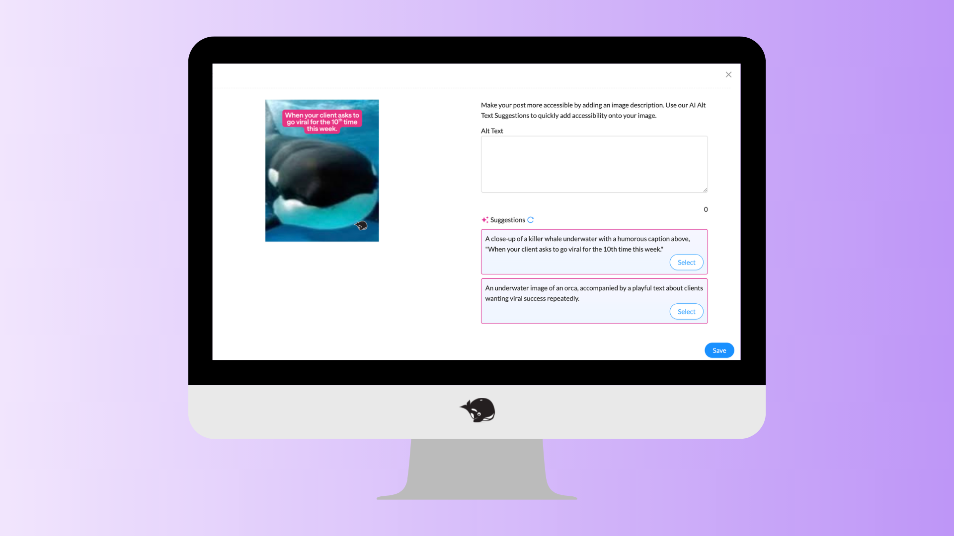 A computer screen displaying a digital interface for creating alternative text for images. The screen shows an example image of an orca, and fields to input alt text.