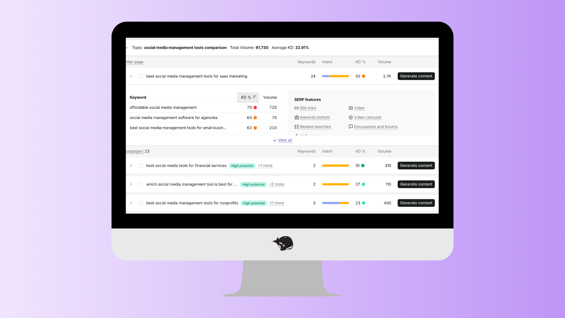 A computer monitor displays an analytics dashboard with various metrics, including task details, estimated times, and completion rates, set against a light purple gradient background.