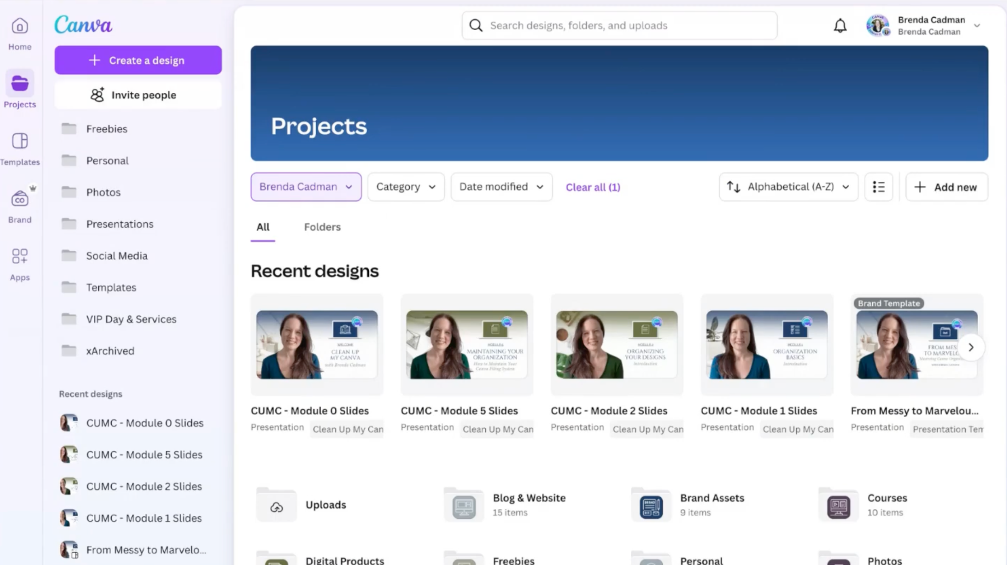 A computer screen displaying a design platform interface. The header bar shows navigation options like 'Create a design' and user profile. Below are project folders labeled as 'Recent designs' showcasing various presentation slide thumbnails featuring a woman.