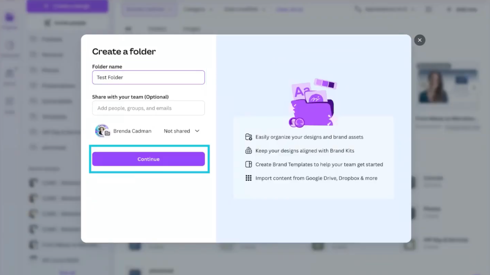 A software interface screen showing a folder creation window. There are fields to enter the folder name and share it with team members. On the right, there is a purple illustration of a folder with icons floating above and a list of benefits like organizing designs, creating templates, and importing content.