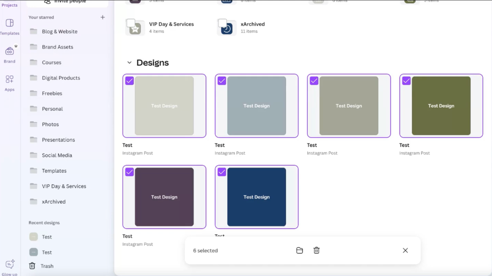 A design software interface displaying six template options for Instagram posts in a grid layout. The templates vary in colour, each labeled 'Test Design.' The side panel shows categories such as Websites, Instagram Post, and Presentations.