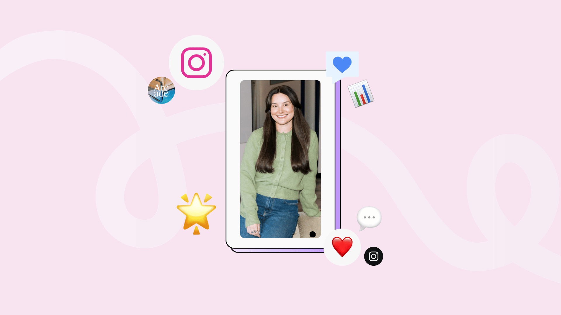 A young woman with long dark hair stands smiling, wearing a green sweater and jeans. Surrounding her image are social media icons like Instagram and a bar chart, against a light pink background.