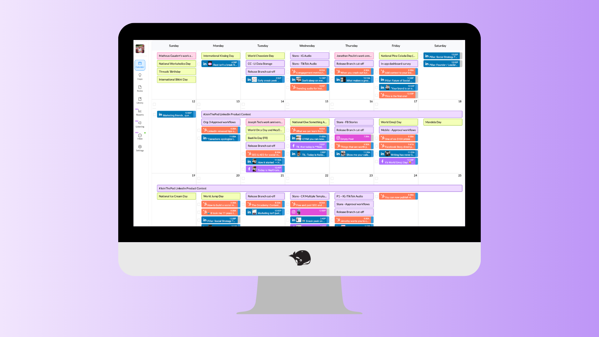 A computer monitor displaying a colour-coded digital calendar, organized into weeks and days with multiple appointments and tasks visible across a month.