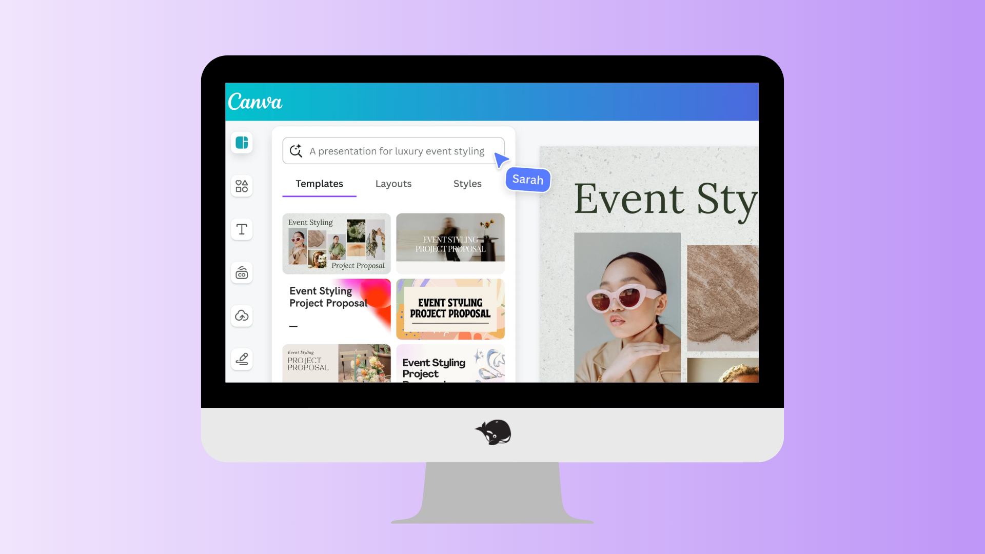 A computer screen displays the Canva interface where a search for 'a presentation for beauty event styling' is conducted. The results show various templates and designs, including a prominent image of a stylish woman in sunglasses.