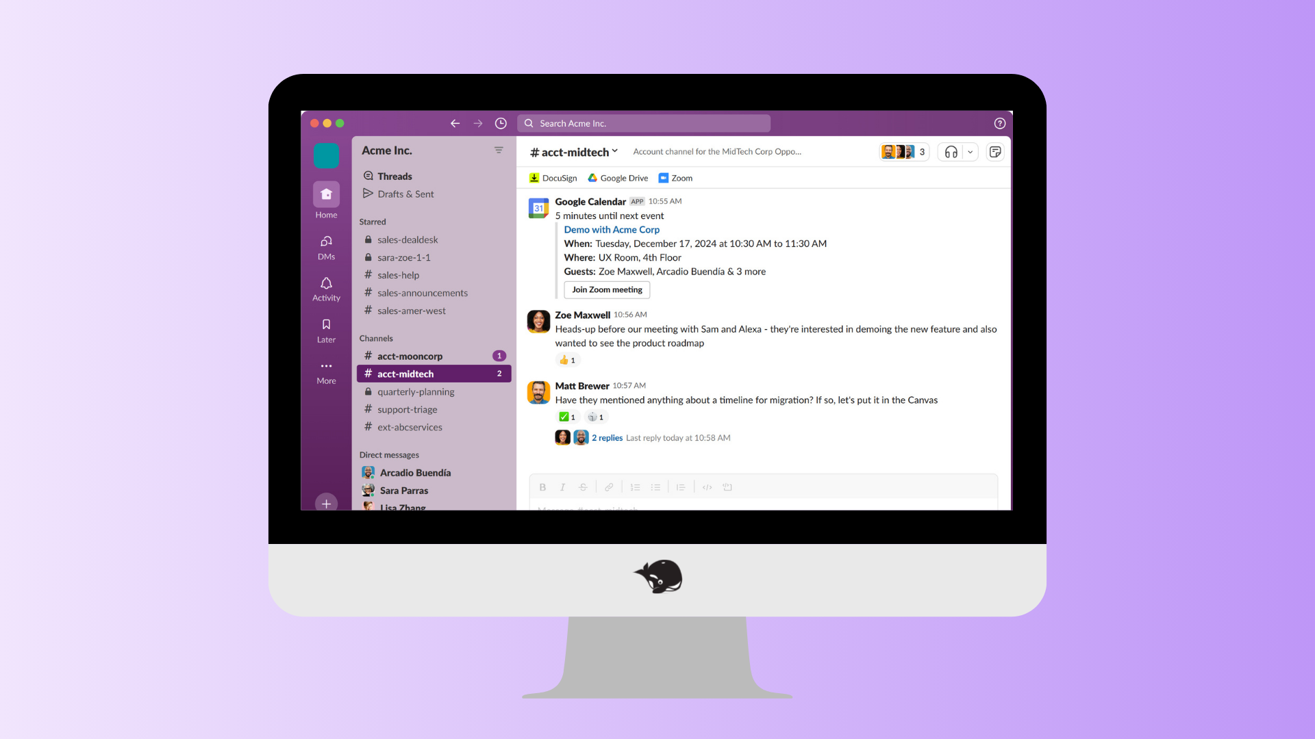 A computer screen displaying a Slack workspace with several channels and direct messages. The main focus is on a channel where team members are discussing project updates.