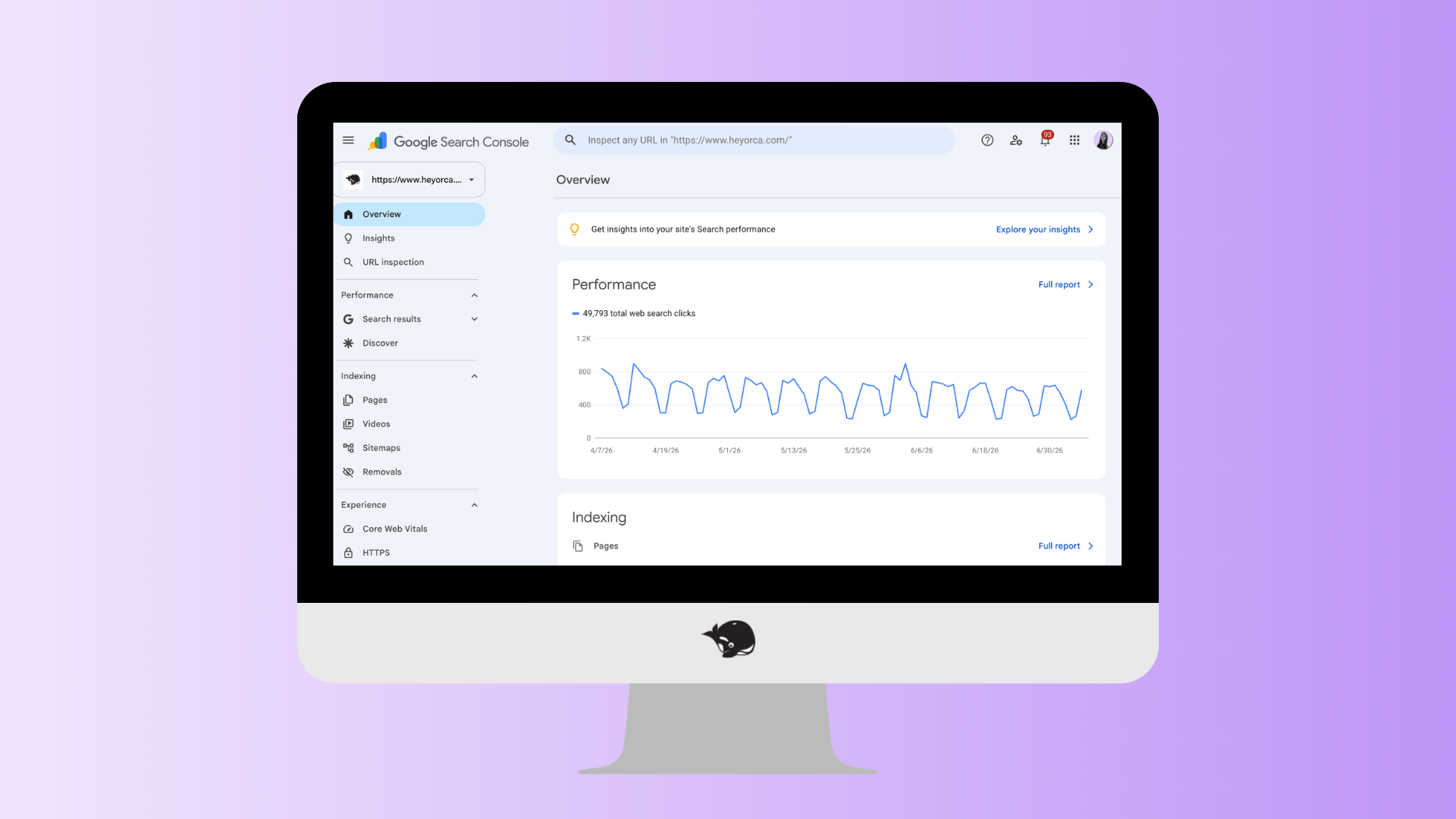 A desktop computer screen displaying the Google Search Console interface, showing an overview of performance data with a line graph depicting fluctuating search metrics.