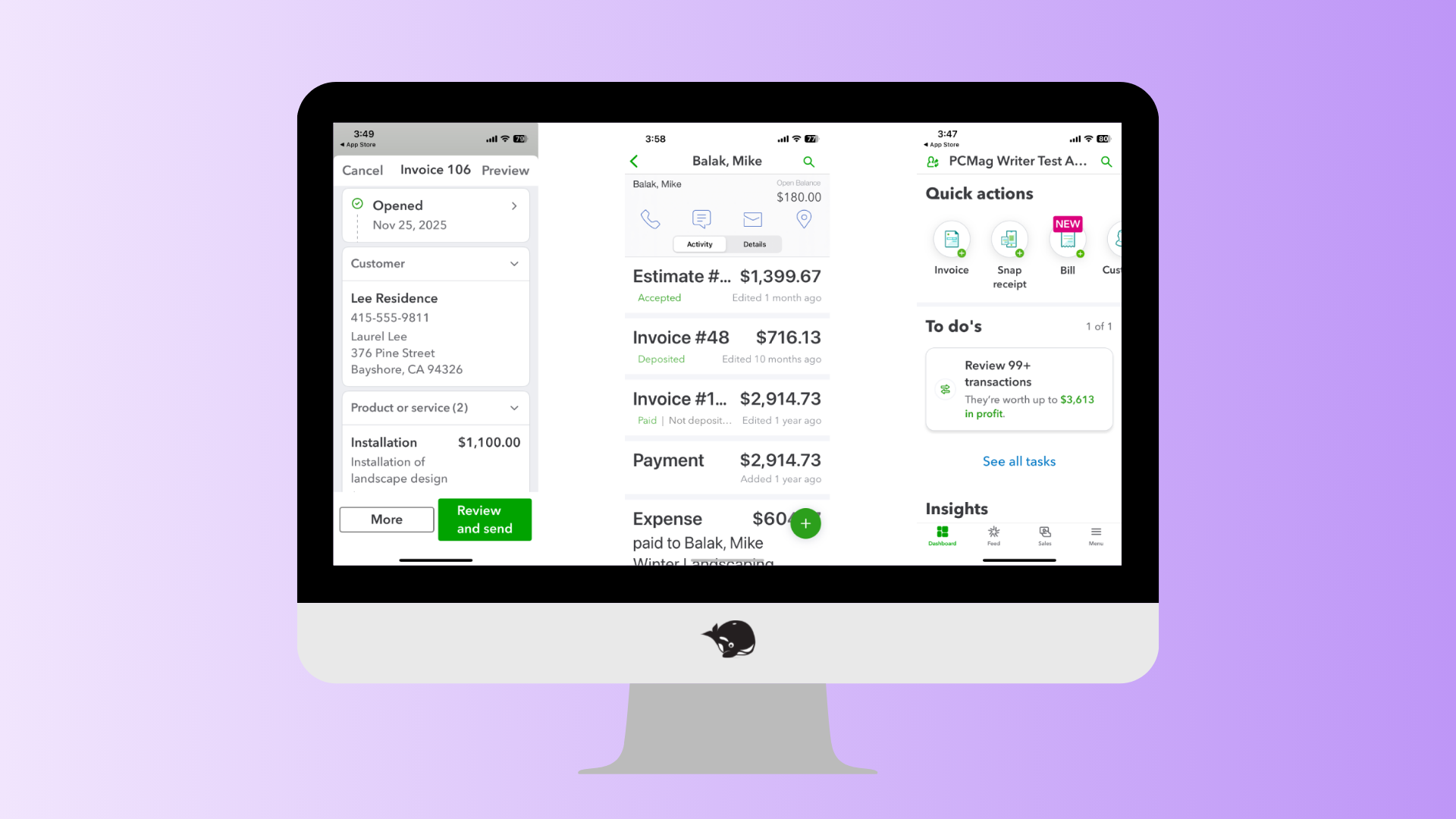 A desktop computer screen displays a financial management software interface with sections for estimates, invoices, expenses, and payments against a purple gradient background.