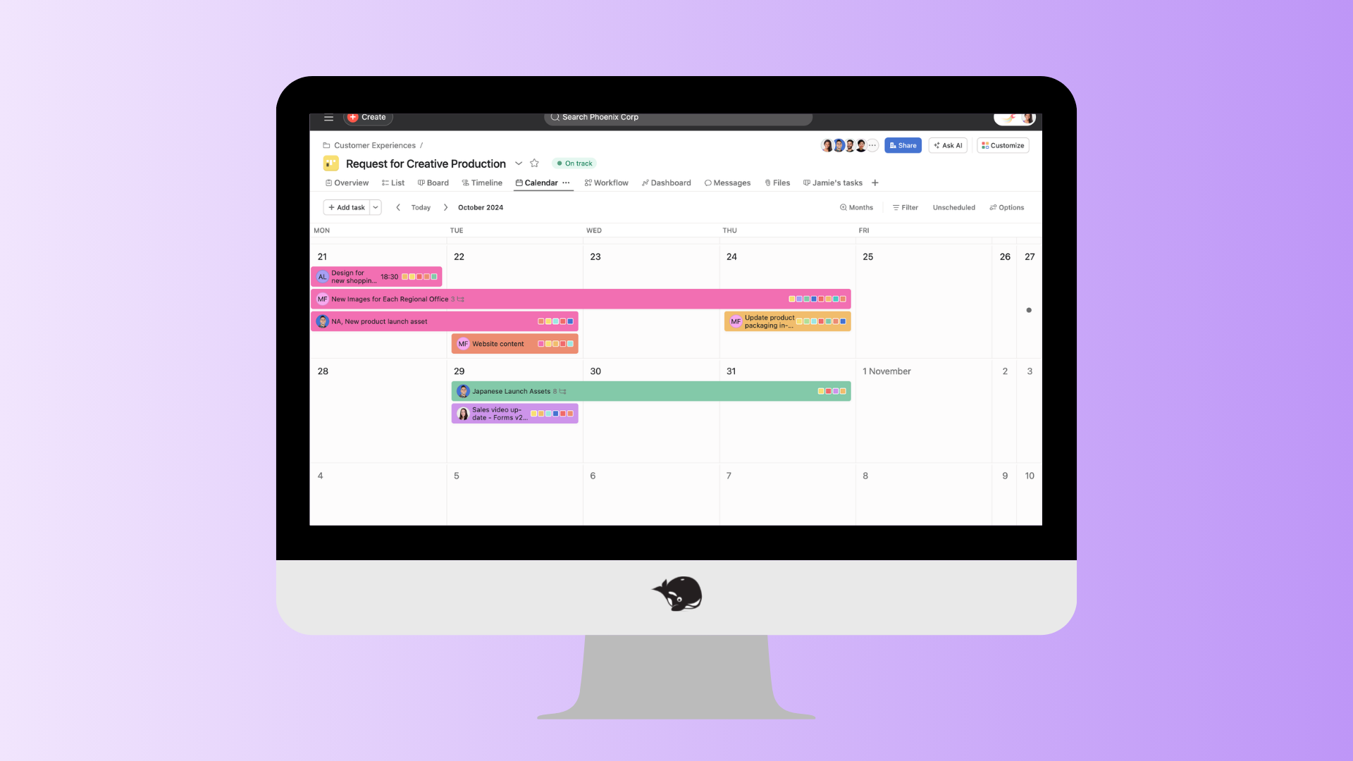 A desktop screen features a planning tool with a grid layout, highlighting tasks in various colours for different dates, used for managing a creative workflow.