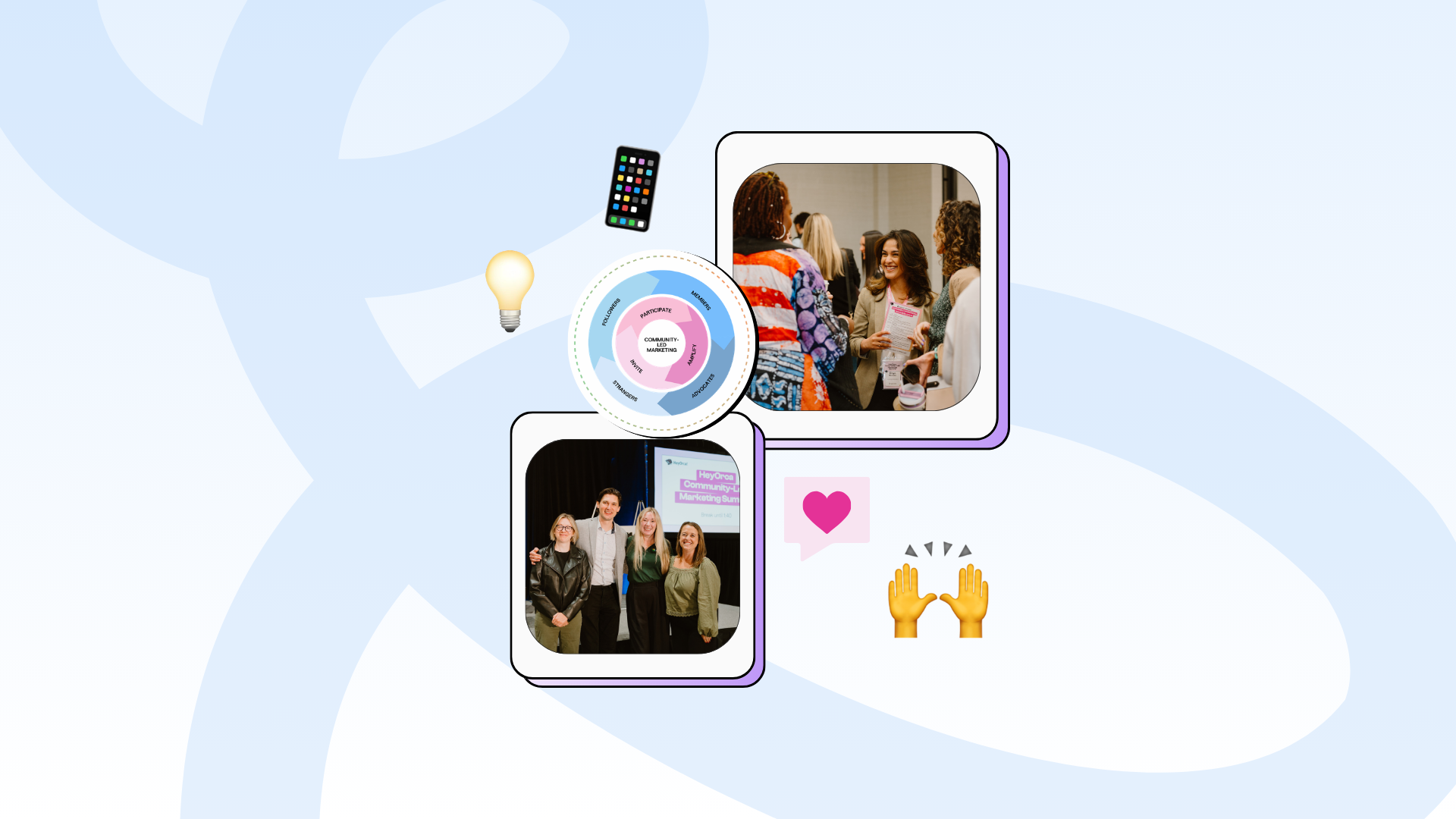 A graphic featuring two photos of people in a social setting. One photo shows a group of diverse individuals talking and smiling, while the other shows a speaker on stage with an audience. Surrounding elements include a smartphone, a lightbulb, and hands clapping icons.