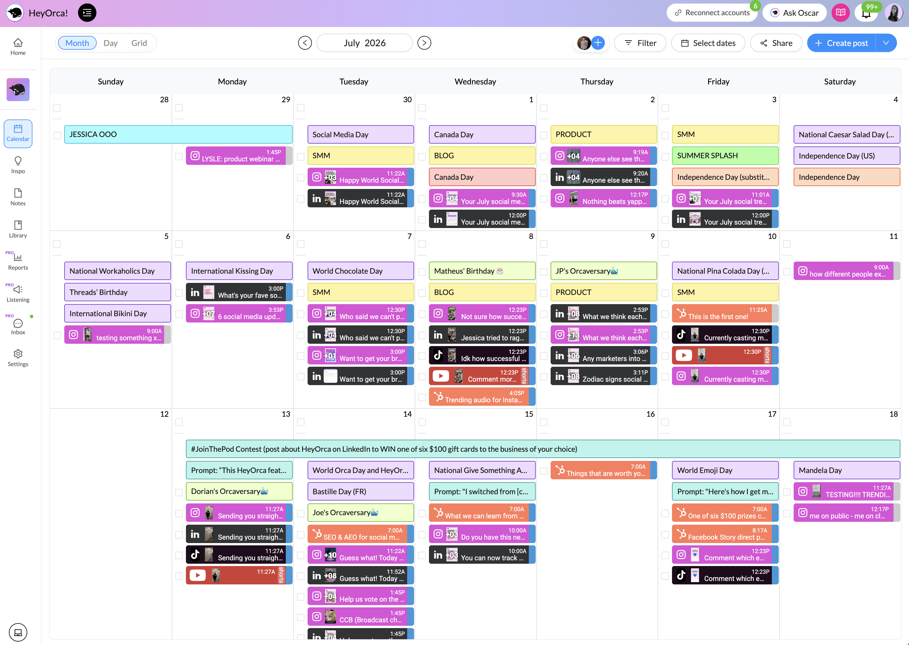 A digital calendar layout for July 2026 with colour-coded events and tasks spanning each day. Events are organized with labels indicating various activities and tasks across weekdays and weekends.