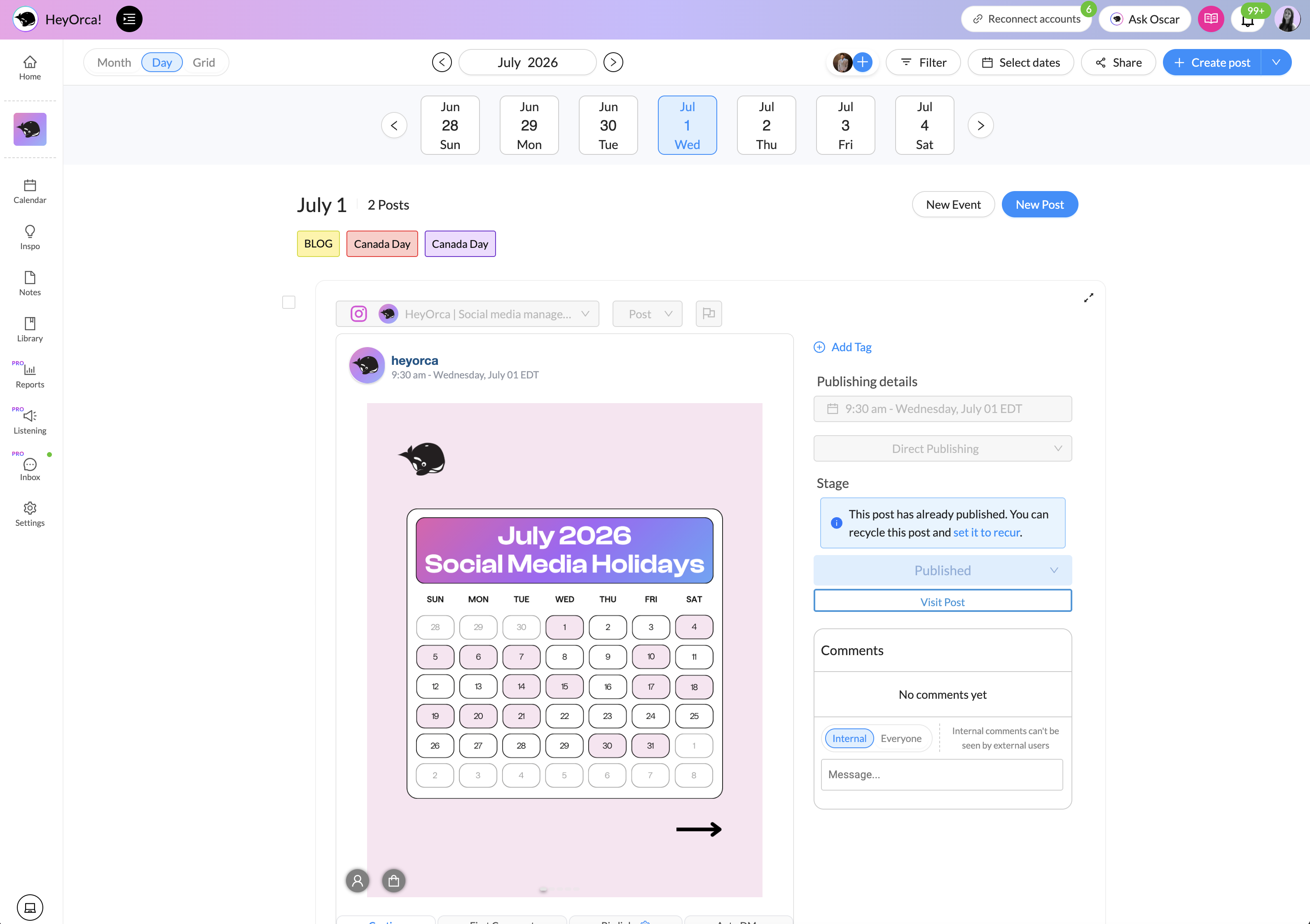 A social media calendar displayed on a screen showing July 2026 holidays with a purple and pink design. The platform and interface elements, such as icons and text entry fields, are visible around the calendar.