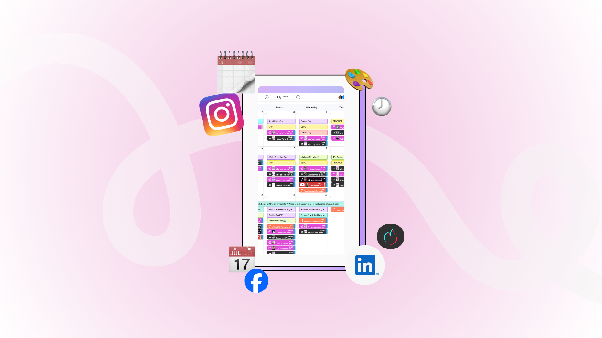 A digital planner on a pink background, displaying a social media content calendar. Icons for Instagram, Facebook, and LinkedIn surround the planner, along with a paint palette and calendar.