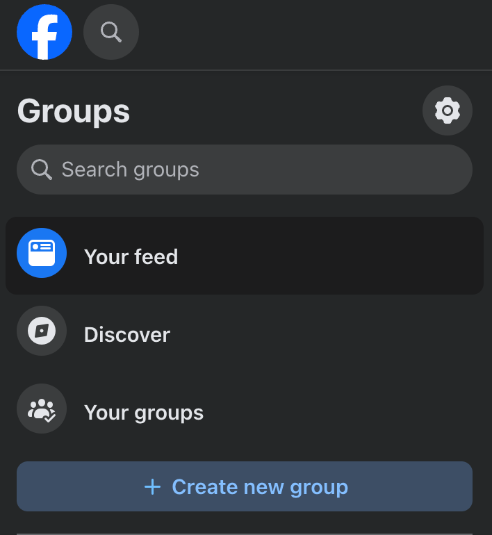 Facebook Groups section with options to view your feed, discover new groups, and view your groups. Includes a button to create a new group.