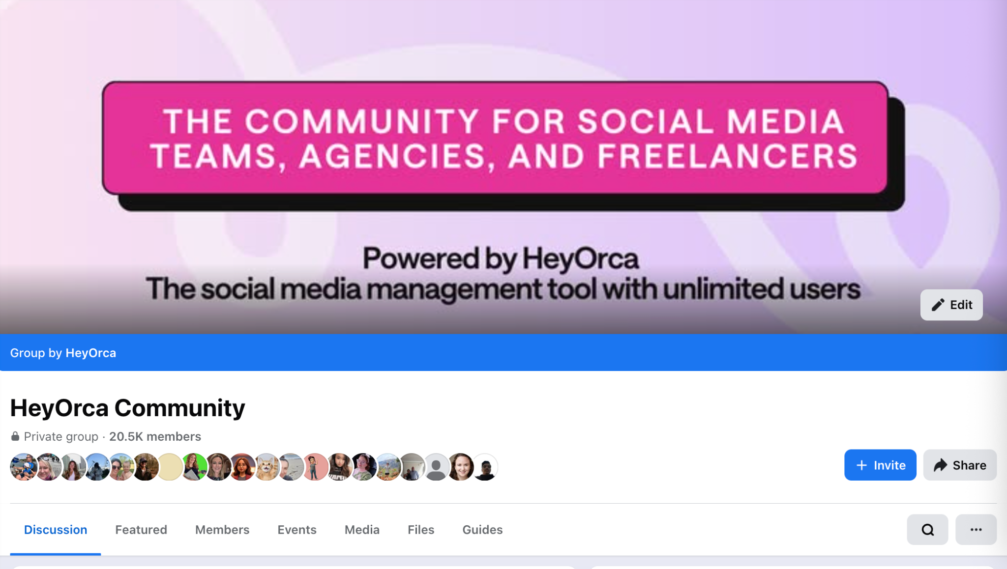 The image displays the header for the HeyOrca Community Facebook group, highlighting a banner that promotes the community for social media teams. The page shows group details with member icons and options to interact.