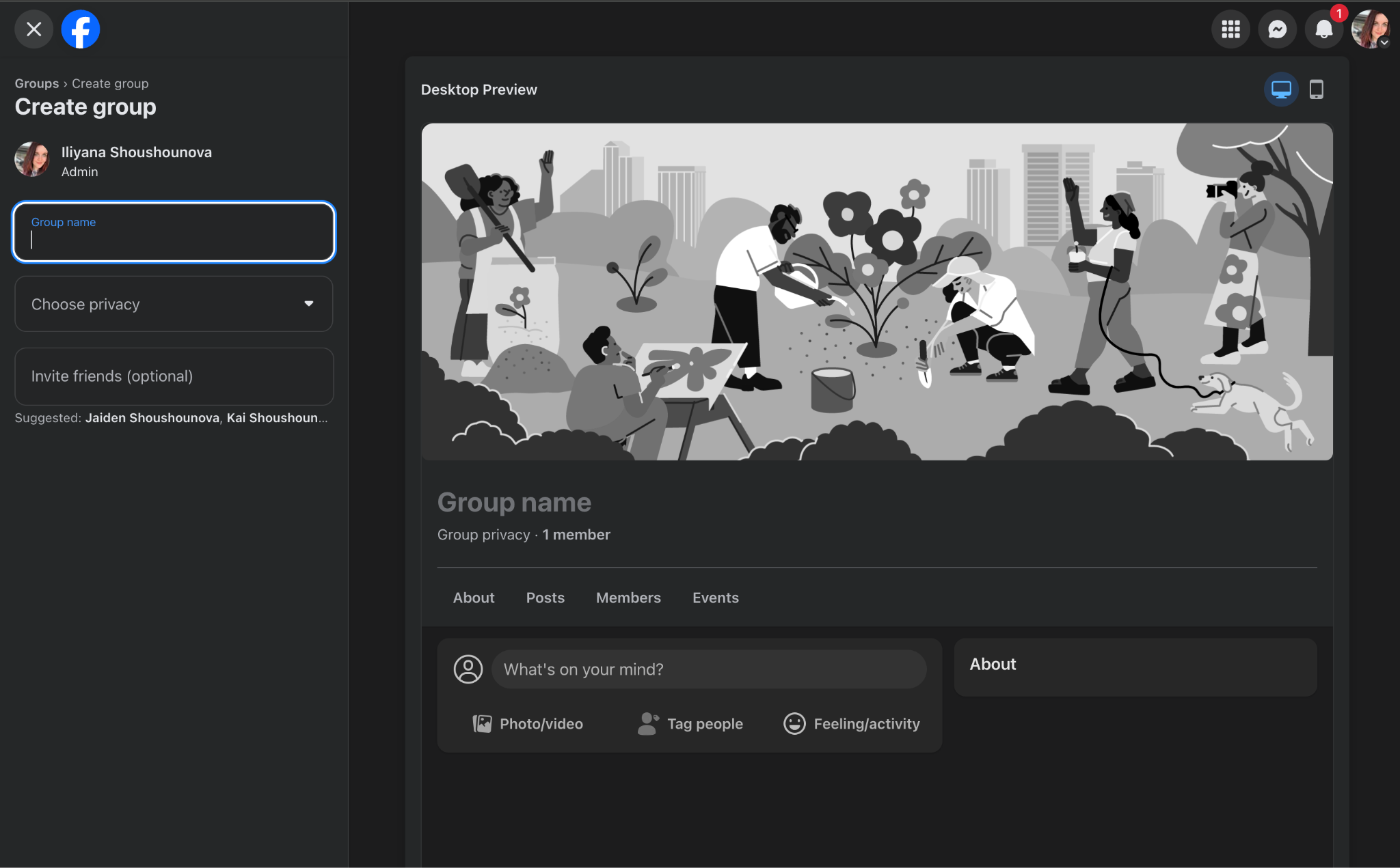 A desktop preview of a social media page showing a header image with people engaged in gardening activities, including planting and watering flowers in a city park.