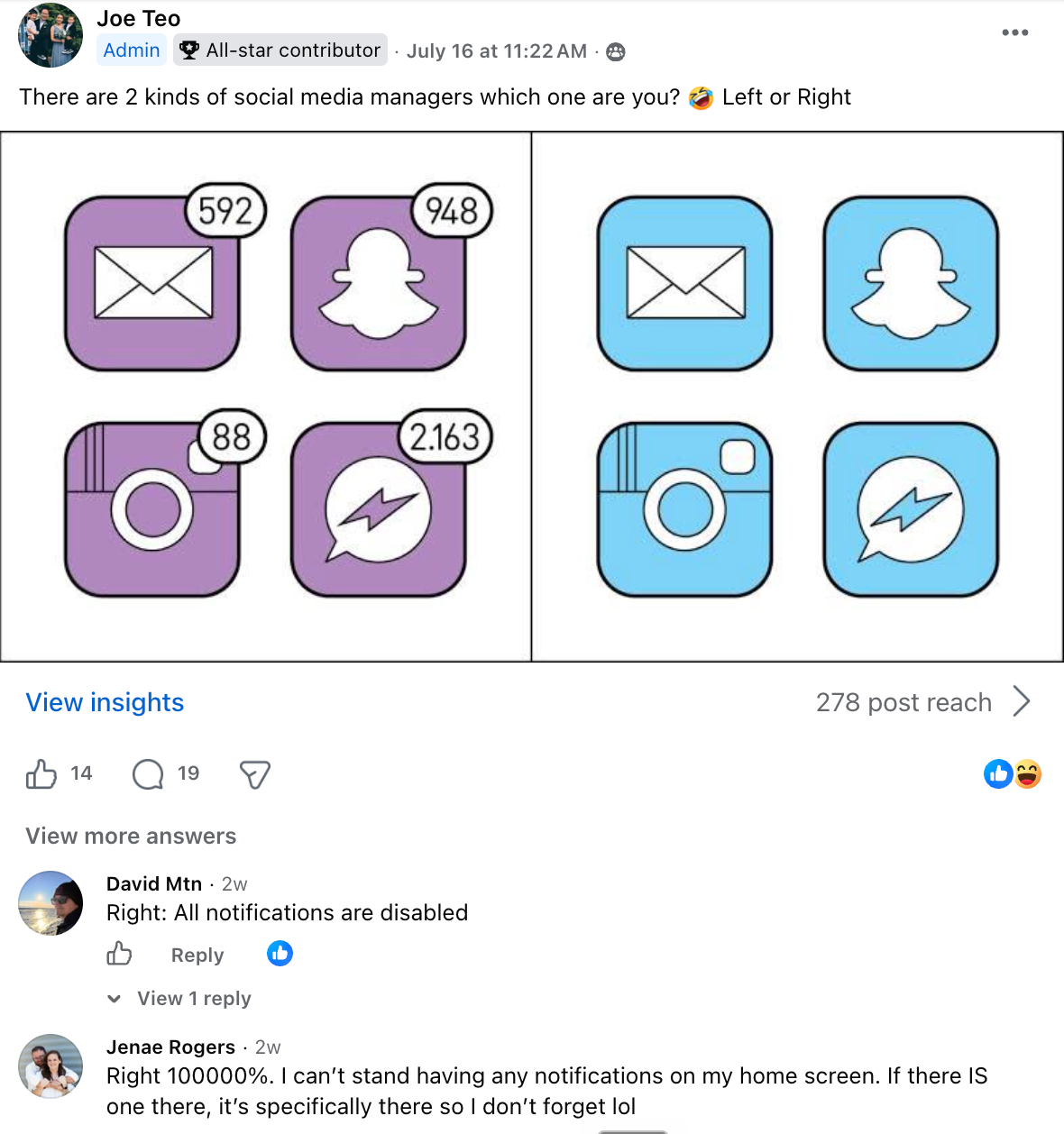 A humorous graphic illustrating two personas: on the left, app icons display numerous unread notifications, while on the right, the same icons are shown without notifications, signifying meticulous management. The post inquires which side better represents the viewer's social media habits.