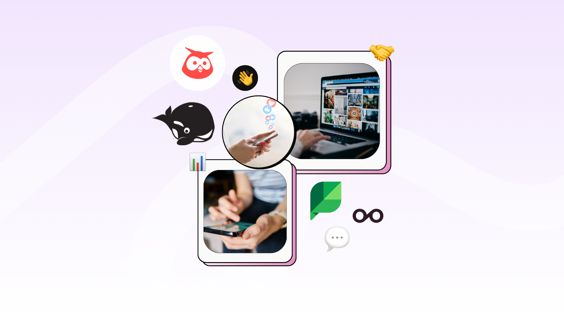 Collage of images depicting social media interaction on computers and phones, surrounded by cartoon icons and graphics, highlighting digital communication.