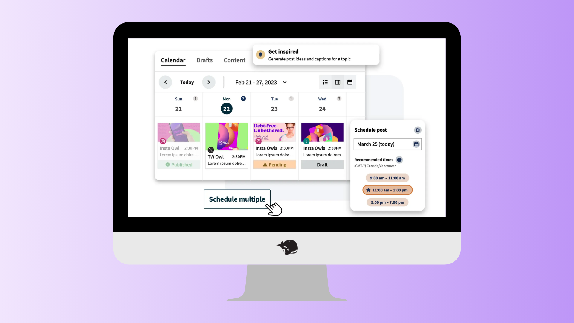 A computer screen with the Hootsuite content calendar UI
