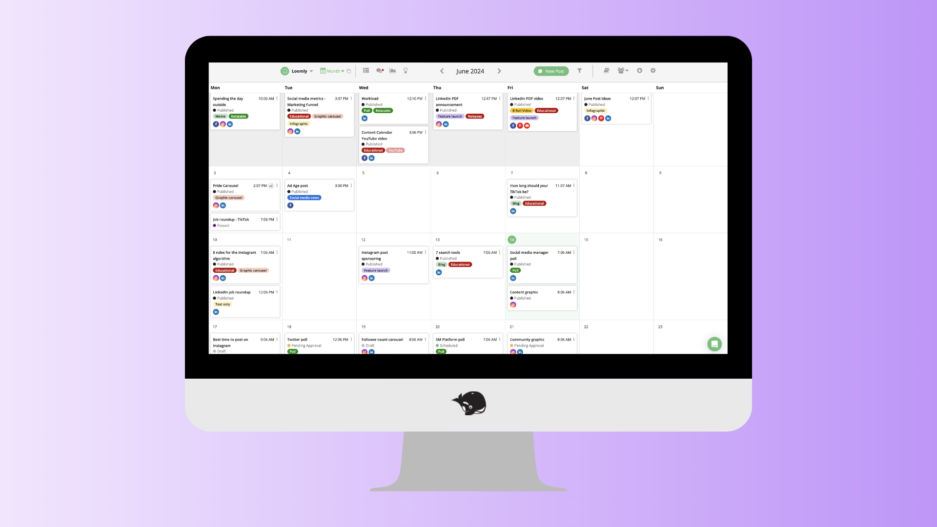 A computer screen with the Loomly content calendar UI