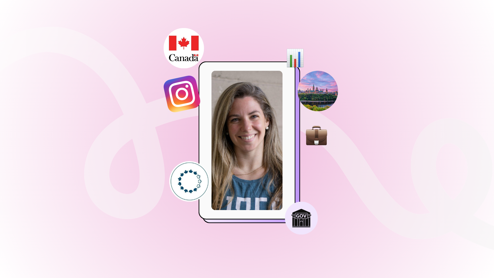 A smiling woman is framed in the centre of a collage with a pink background. Surrounding her are icons of Instagram, the Canadian flag, a suitcase, a cityscape, and a piece of luggage, suggesting government and social media themes.