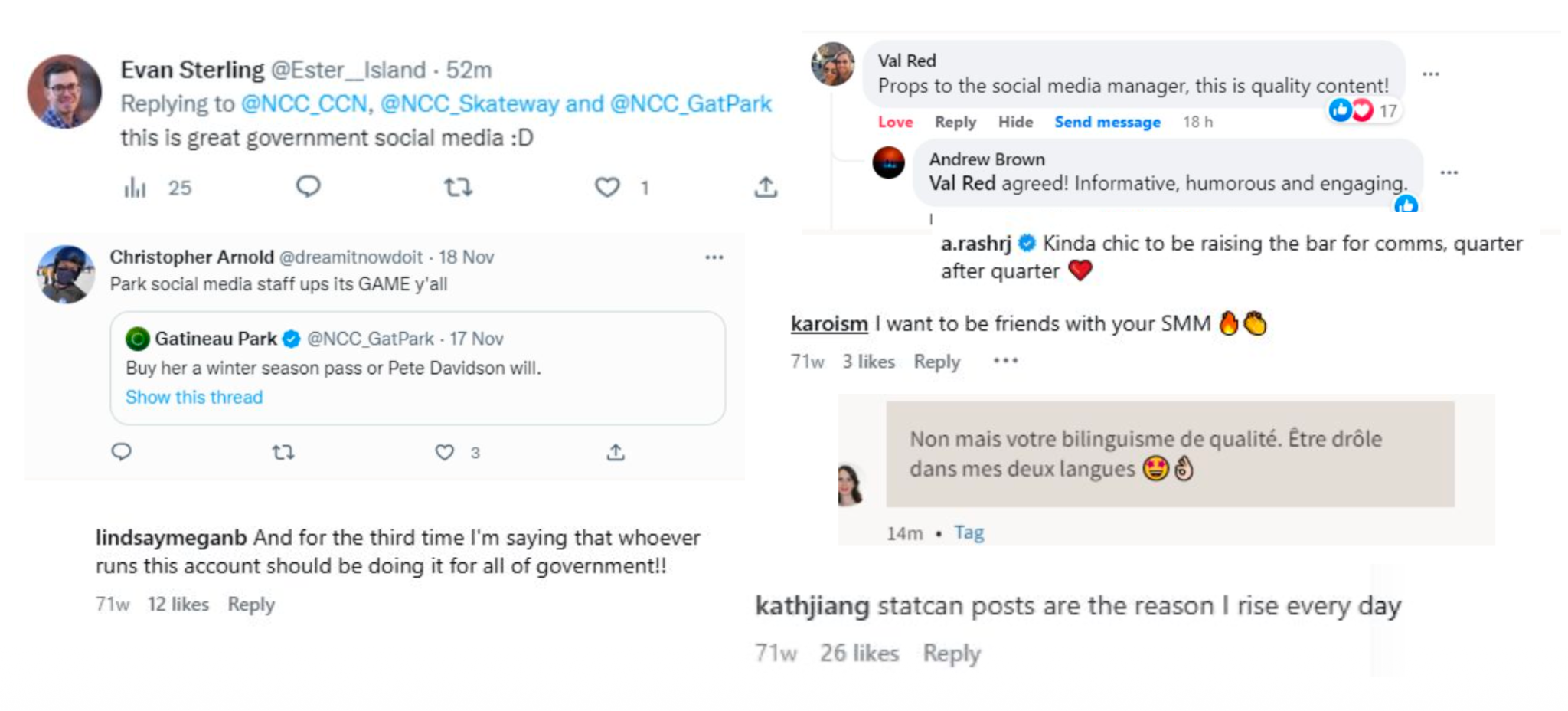 A collection of social media comments praising a government account. Comments highlight the quality of posts and express admiration for the account manager.