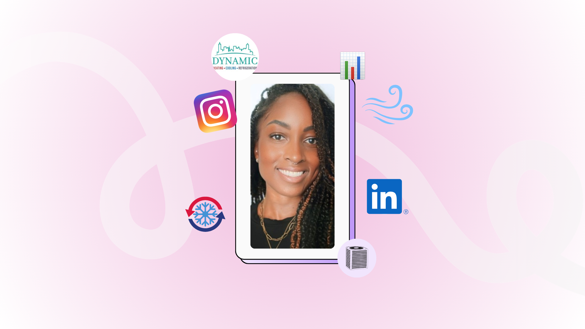A smiling woman is featured in a smartphone-like frame, surrounded by icons of social media platforms like Instagram and LinkedIn, suggesting a focus on social media engagement.