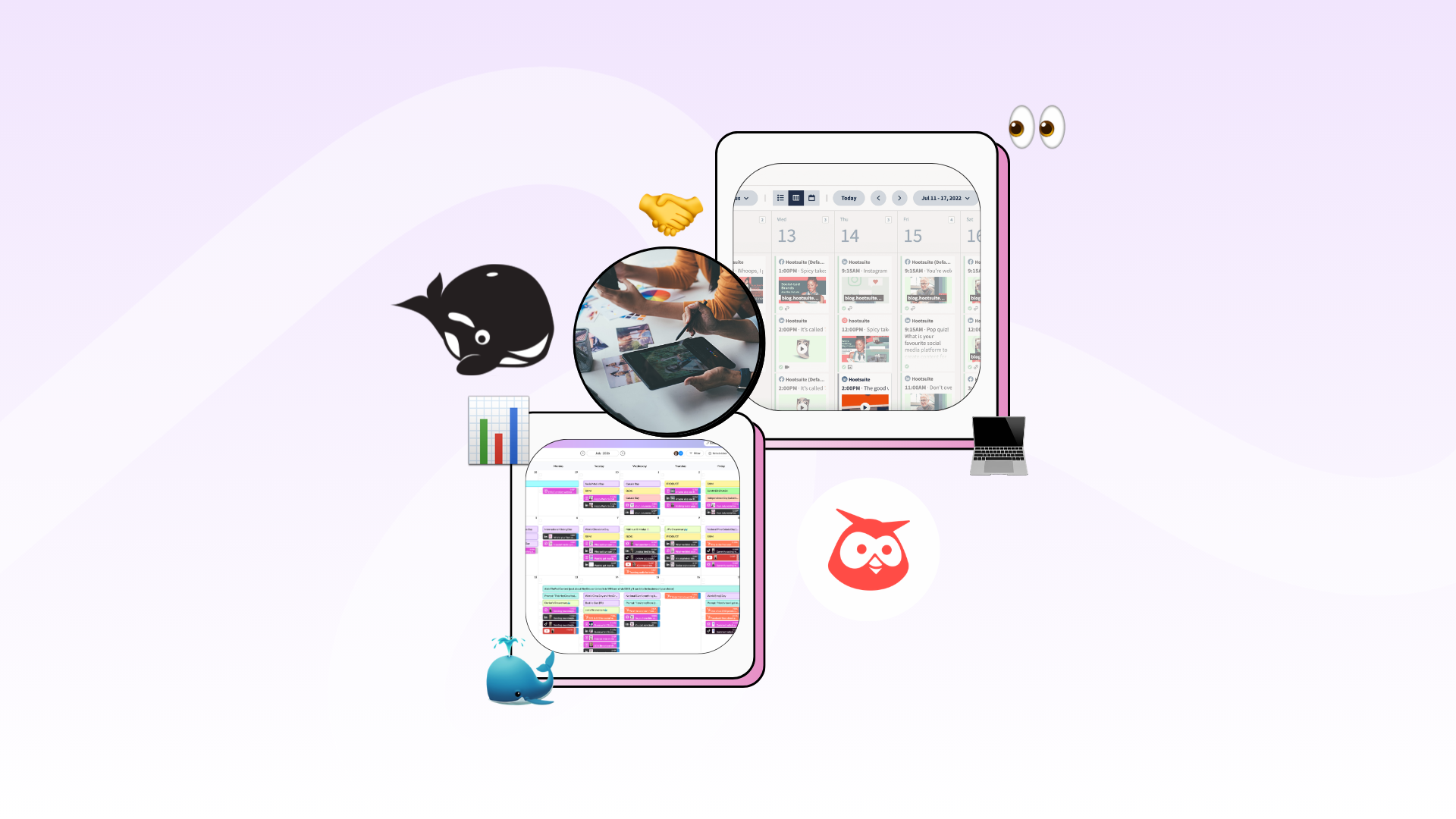 A digital collage features a magnified section of a desk setup surrounded by abstract graphics, including a graph, a tablet displaying calendar apps, and animated figures, set against a light purple background.