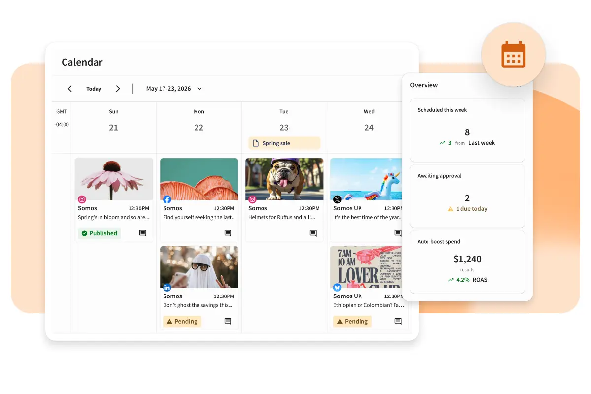 A digital calendar interface displaying a weekly overview with thumbnail images representing events or tasks on each date. The sidebar shows scheduling statistics like number of scheduled events, posts, and average income.