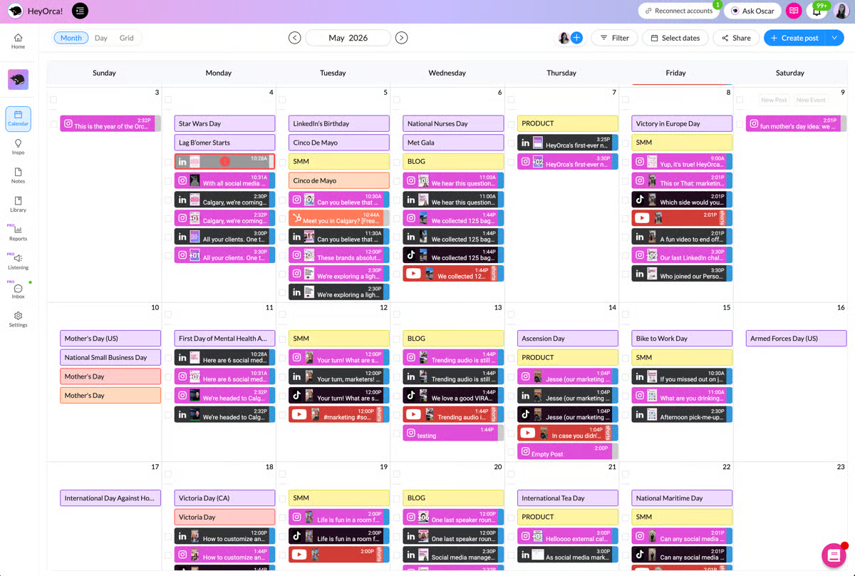 A digital calendar for May 2026 filled with blocks of text in various colours, each representing different events or posts. Days are organized in a weekly format from Sunday to Saturday, displaying a variety of scheduled content.