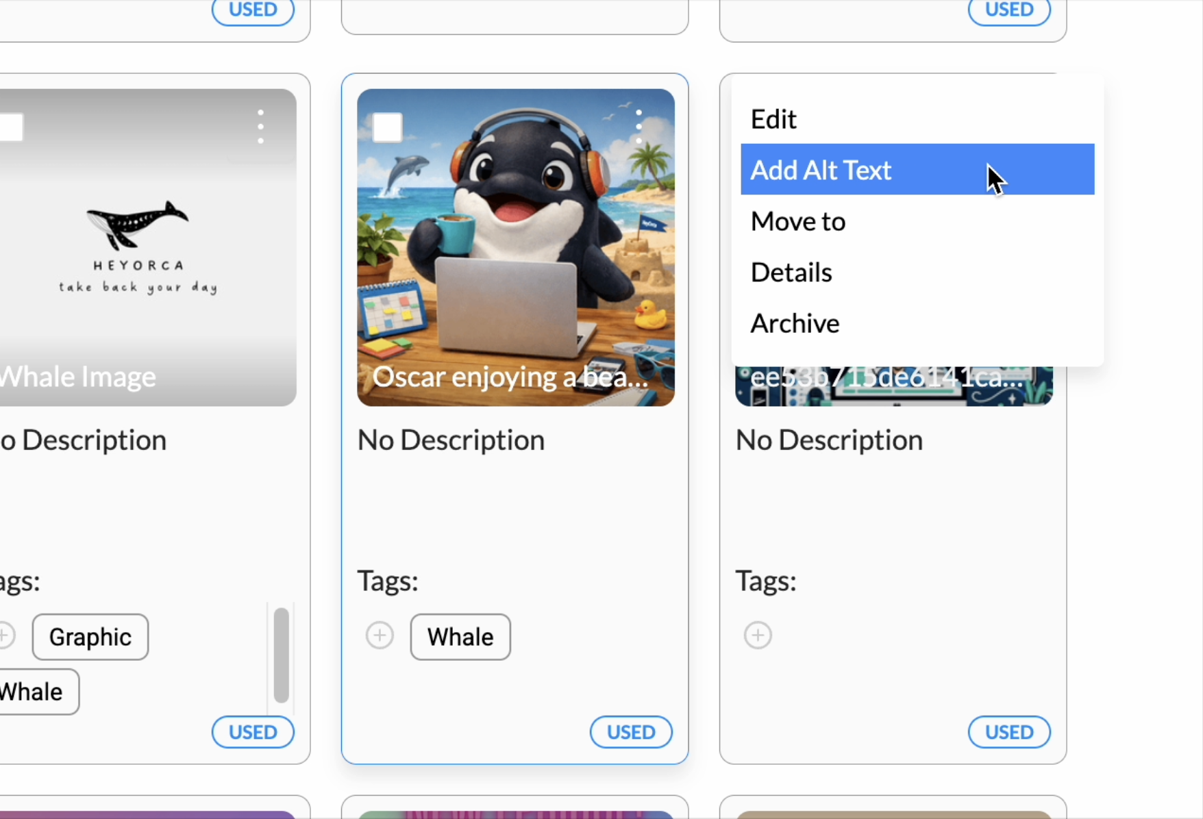 A computer screen displays a content management interface, showing image cards with options such as 'Add Alt Text' highlighted for a selected image. The specific image has an animated character, a whale working on a laptop, titled 'Oscar enjoying a day.'